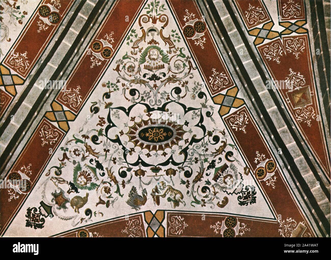 Decoration in the Church of Saint-Martin, Lutry, Vaud, Switzerland, (1928). '1577....Painting on the vaulting surface of the nave of the church at Lutry. Painted by Master Humbert Mareschet'. After V. A. Bourgeois. Plate LXXXVIII, fig 178, from &quot;An Encyclopaedia of Colour Decoration from the Earliest Times to the Middle of the XIXth Century&quot; with explanatory text by Helmuth Bossert. [Ernst Wasmuth Ltd., Berlin, 1928] Stock Photo
