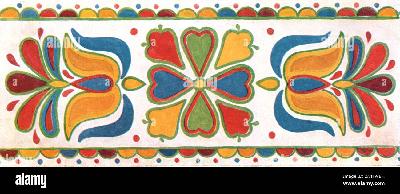 Wall decoration, Moravia, Czechoslovakia, (1928). '19th Century...Wall frieze. Painting by peasant women from the district of Landshut (Moravia)'. After a water-colour in the Narodni Museum, Prague. Plate CXIX, fig 224, from &quot;An Encyclopaedia of Colour Decoration from the Earliest Times to the Middle of the XIXth Century&quot; with explanatory text by Helmuth Bossert. [Ernst Wasmuth Ltd., Berlin, 1928] Stock Photo