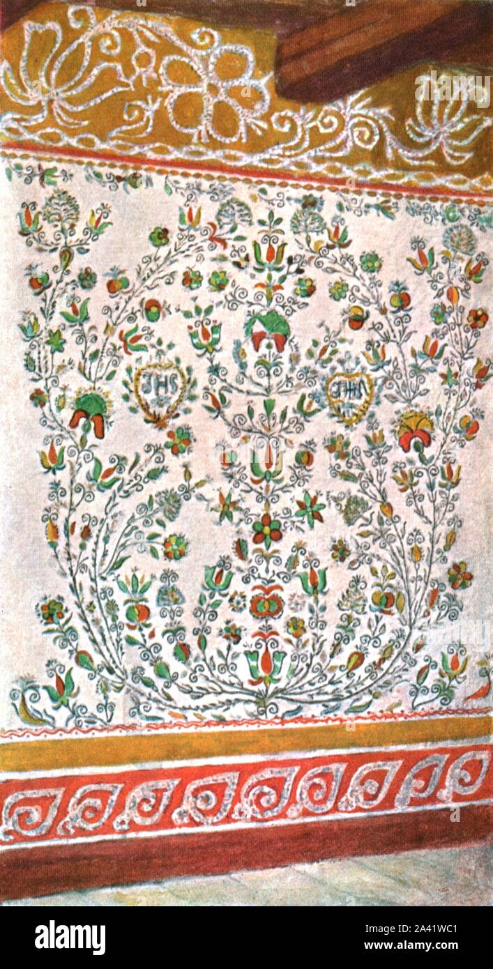Wall decoration, Moravia, Czechoslovakia, (1928). '19th Century...Wall frieze. Painting by peasant women from the district of Landshut (Moravia)'. After a water-colour in the Narodni Museum, Prague. Plate CXIX, fig 223, from &quot;An Encyclopaedia of Colour Decoration from the Earliest Times to the Middle of the XIXth Century&quot; with explanatory text by Helmuth Bossert. [Ernst Wasmuth Ltd., Berlin, 1928] Stock Photo