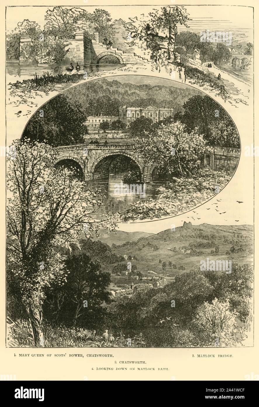 'Views in Chatsworth and Matlock', 1898. Chatsworth House stately home on the  River Derwent, seat of the Duke of Devonshire home to the Cavendish family  since 1549 and originally purchased by William Cavendish and Bess of Hardwick. From &quot;Our Own Country, Volume II&quot;. [Cassell and Company, Limited, London, Paris &amp; Melbourne, 1898] Stock Photo