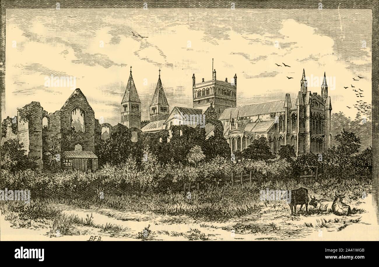 'Southwell Minster and Ruins of the Palace', 1898. Southwell Minster and ruins of the Archbishop of York's Palace, the spires were removed in 1805 and re-erected in 1879-81 when the minster was extensively restored by Ewan Christian. From &quot;Our Own Country, Volume III&quot;. [Cassell and Company, Limited, London, Paris &amp; Melbourne, 1898] Stock Photo