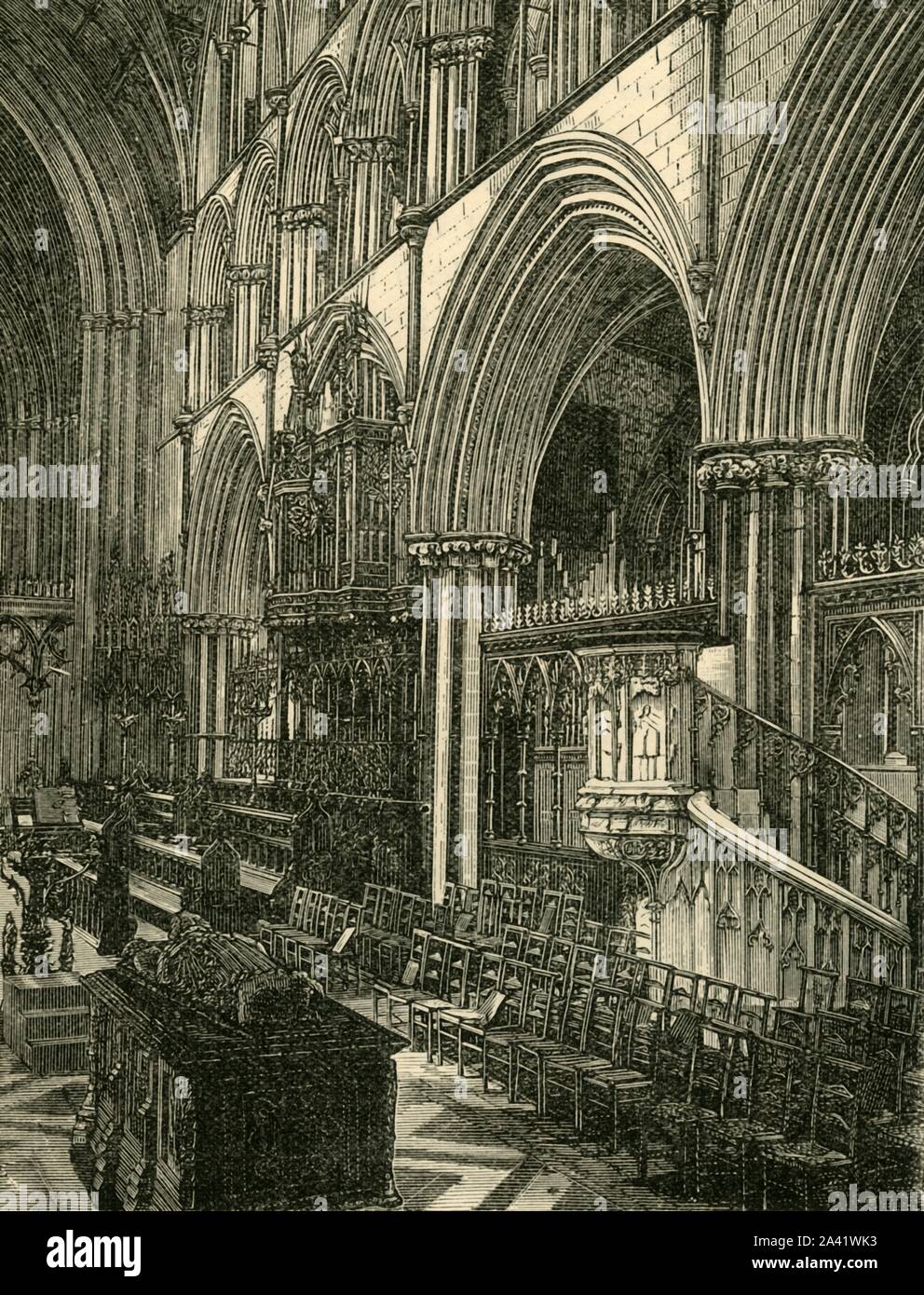 'The Choir of Worcester Cathedral', 1898. Worcester Cathedral built between 1084 and 1504, underwent major restoration by Sir George Gilbert Scott and A. E. Perkins in the 1860s. From &quot;Our Own Country, Volume III&quot;. [Cassell and Company, Limited, London, Paris &amp; Melbourne, 1898] Stock Photo