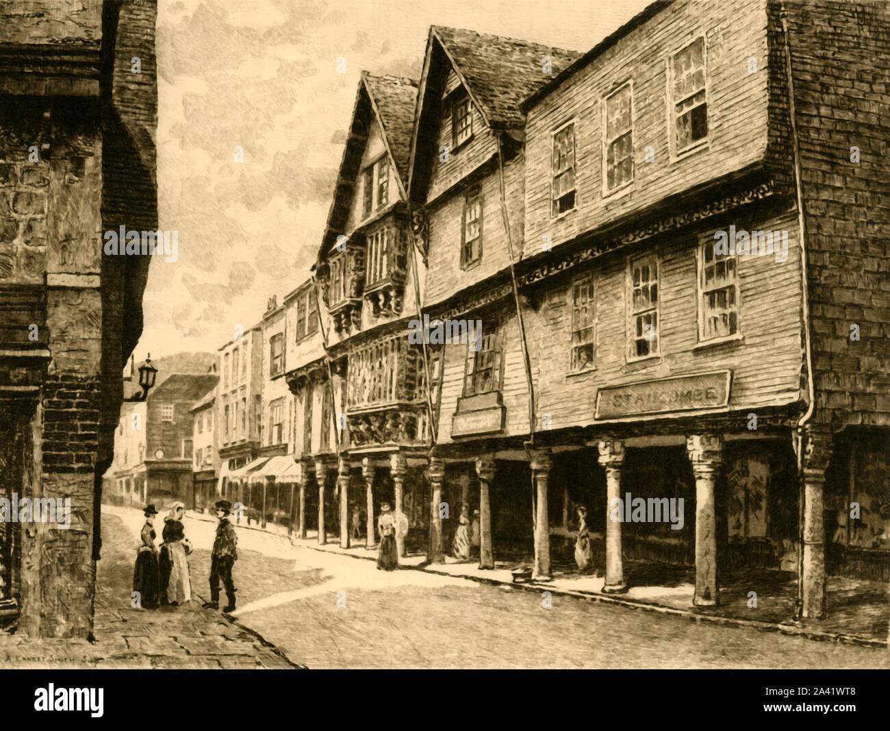 'The Butterwalk, Dartmouth', 1898.  Built from 1635-1640 the Butterwalk in Dartmouth is an example of a Tudor building with intricately carved wooden fascia supported by granite columns.  From &quot;Our Own Country, Volume V&quot;. [Cassell and Company, Limited, London, Paris &amp; Melbourne, 1898] Stock Photo