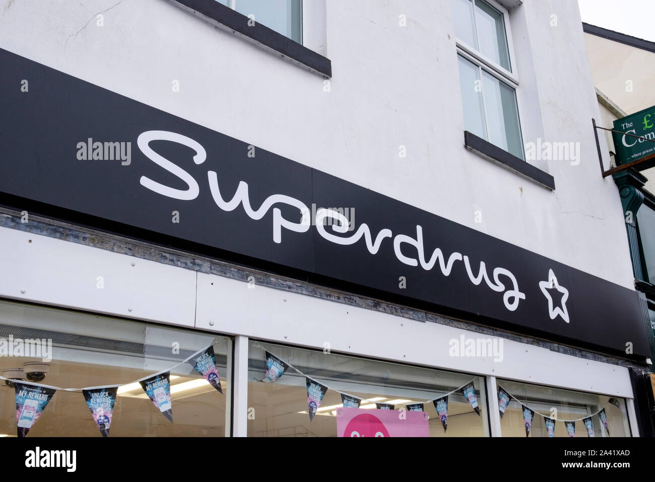 Store Sign for Superdrug in Chepstow. A high st sign for a  health and beauty retailer Stock Photo