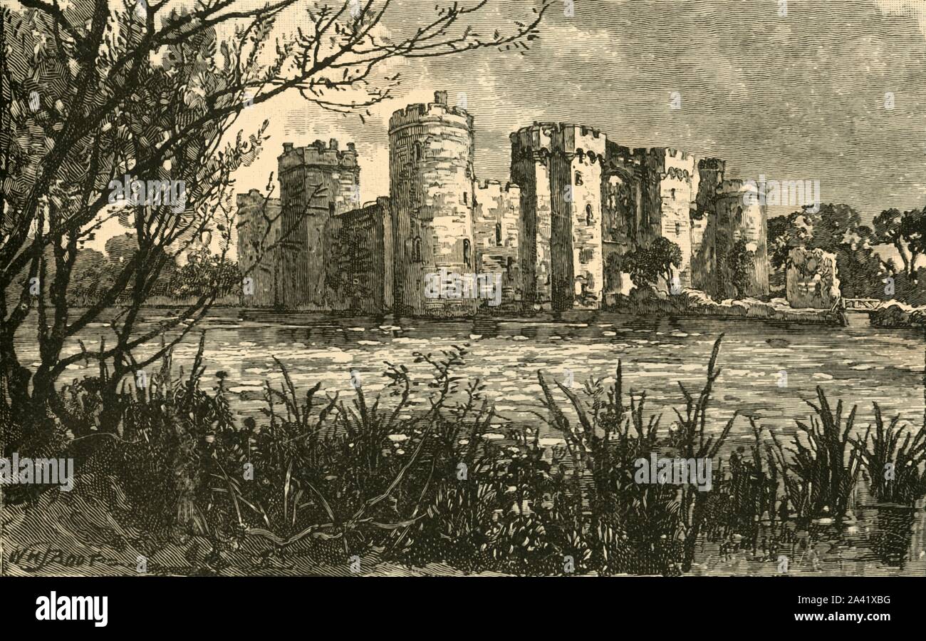 'Bodiam Castle', 1898. 14th-century moated castle  in East Sussex built in 1385 by Sir Edward Dalyngrigge, a former knight of Edward III with  permission of Richard II to defend against French invasion during the Hundred Years' War. From &quot;Our Own Country, Volume VI&quot;. [Cassell and Company, Limited, London, Paris &amp; Melbourne, 1898] Stock Photo