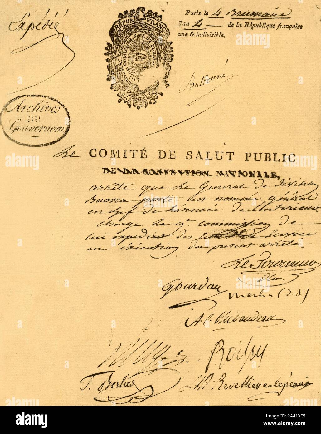 Decree of the Committee of Public Health, 26 October 1795, (1921). 'Arr&#xea;t&#xe9; du Comit&#xe9; de Salut public, 4 brumaire an IV. Nomination de Bonaparte au commandement en chef de l'arm&#xe9;e de l'Int&#xe9;rieur. (La Convention nationale est dissoute de la veille.) Minute de main de Le Tourneur, sign&#xe9;e de [signed by] lui et de Gourdan, Merlin (de Douai), Thibaudeau, Lesage (d'Eure-et-Loir), Boissy, Berlier et La Revelli&#xe8;re-L&#xe9;peaux.' Napoleon Bonaparte (1769-1821) is nominated as head of the Army of the Interior (French Revolutionary Army). Facsimile document from &quot;Na Stock Photo
