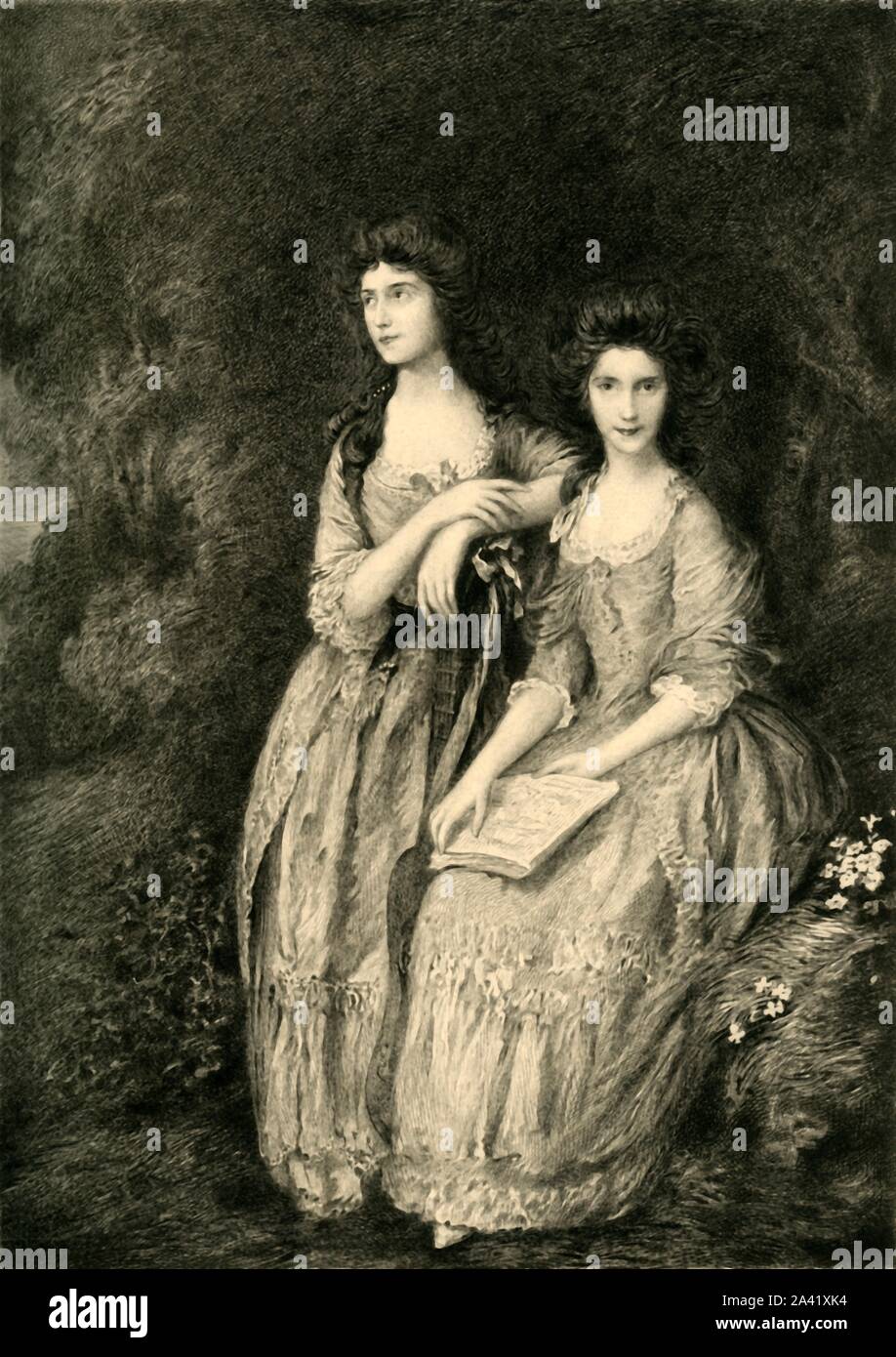 'Mrs. Sheridan and Mrs. Tickell', c1772, (1908). Portrait of the Linley sisters, Elizabeth Ann Sheridan (1754-1792) and Mary Linley (1758-1787), daughters of the composer Thomas Linley. Elizabeth was one of the most noted soprano singers of her day. Mary sang publicly until she married the playwright Richard Tickell in 1780. Engraving by Henry Cheffer after 'Elizabeth and Mary Linley', also known as 'The Linley Sisters, afterwards Mrs. Tickell and Mrs. Sheridan', painting in the Dulwich Picture Gallery, London. From &quot;La Revue De L'Art - Ancien et Moderne&quot; - Volume XXIV, July-December Stock Photo