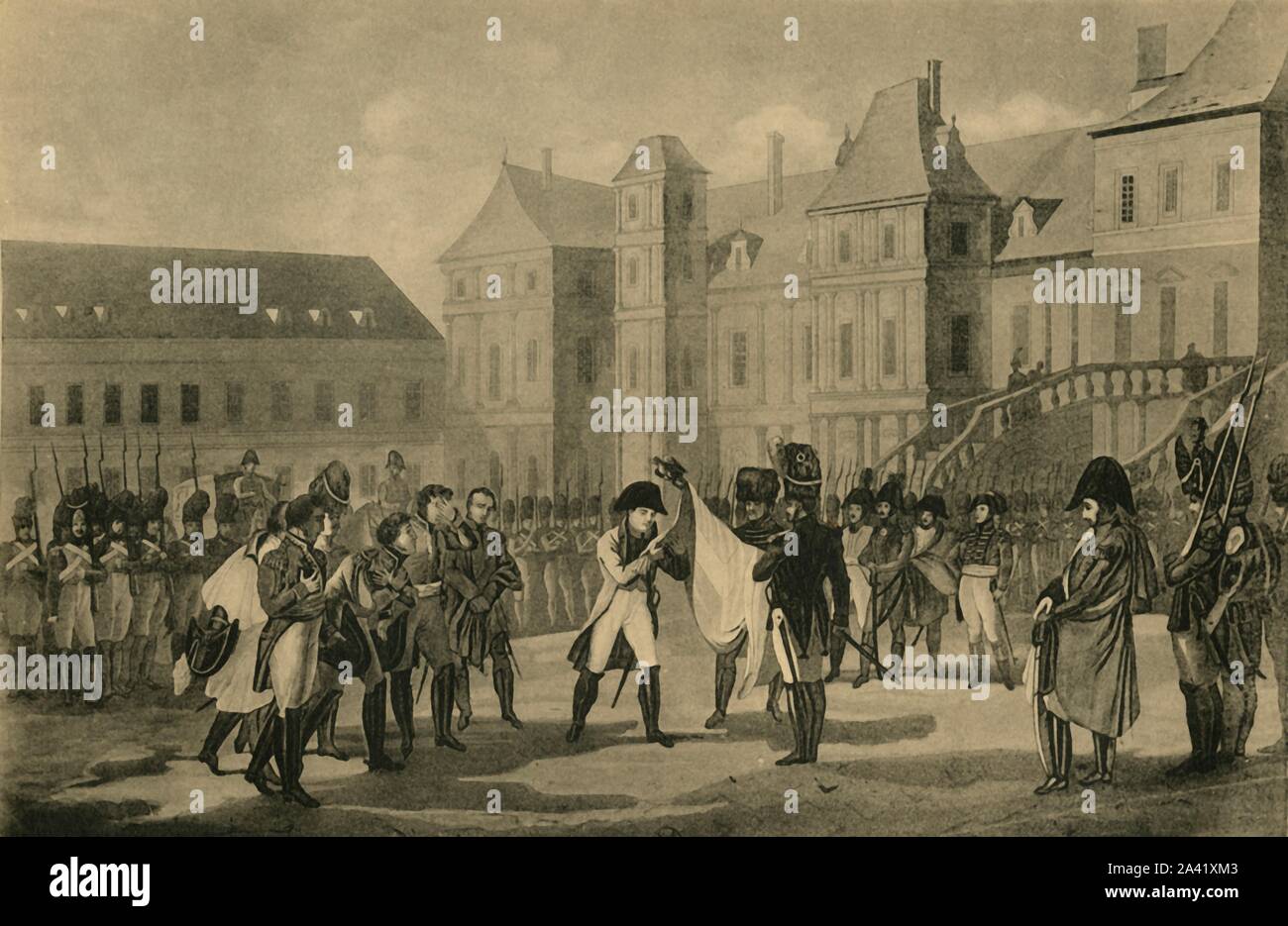 Napoleon's Departure from Fontainebleau, 20 April 1814, (1921). 'Les Adieux De L'Empereur A Son Arm&#xe9;e &#xe0; Fontainebleau'. Emperor Napoleon, standing at the centre of the courtyard of the Palace of Fontainebleau, bids farewell to his Old Guard, and seizes a battle flag presented to him by two soldiers. The defeat at the Battle of Leipzig and the subsequent invasion of France by the Allies culminated in Napoleon's abdication on 11 April. By the Treaty of Fontainebleau he was exiled and granted sovereignty of the island of Elba. Engraving made in 1815. From &quot;Napoleon&quot;, by Raymon Stock Photo