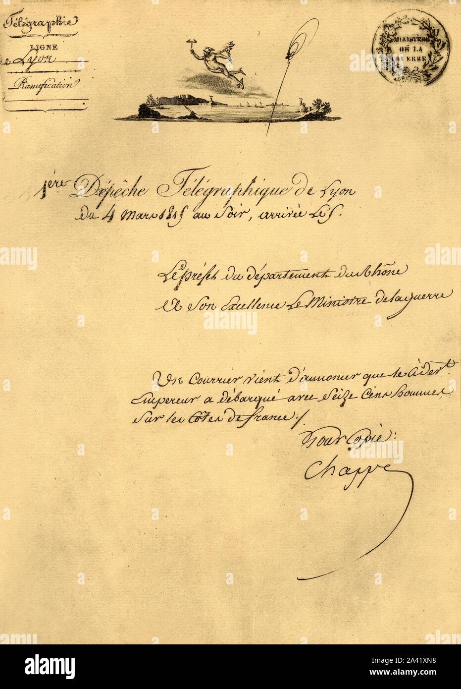 First telegraph despatch from Lyon, 4 March 1815, (1921). 'Premi&#xe8;re d&#xe9;p&#xea;che t&#xe9;l&#xe9;graphique de Lyon'. Message sent via French inventor Claude Chappe's (1763-1805) optical telegraph (semaphore) system, devised in 1793. Messages were converted into semaphore using movable arms on the tops of repeater towers which were placed from 12 to 25 km (10 to 20 miles) apart. The message was read through a telescope, then relayed it to the next tower. Messages sent from Paris could reach the outer fringes of the country in a matter of three or four hours. Before, it had taken despatc Stock Photo