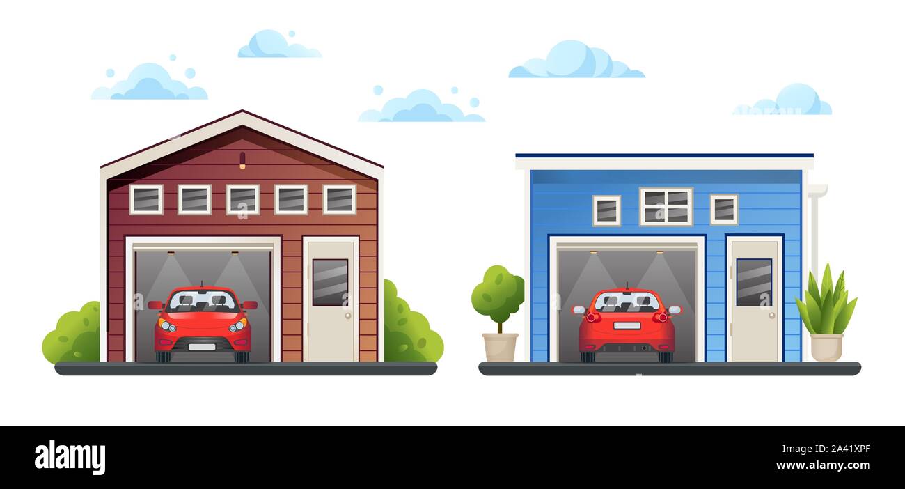 Two open different garages with red cars inside and green plants near, sky with clouds, vector illustration. Stock Vector