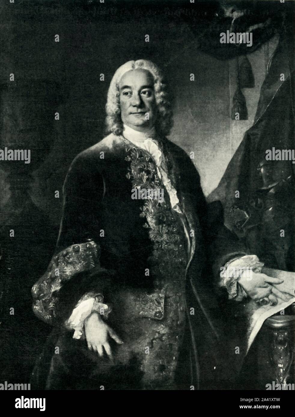 Charles Fran&#xe7;ois Paul Le Normant de Tournehem, 1750, (1903). 'M. Lenormant De Tournehem, Directeur Des B&#xe2;timents Du Roi'. Portrait of French financier de Tournehem (1684-1751), director of the King's Buildings (a division of Department of the household of the Kings of France, responsible for building works at the King's residences in and around Paris). He was also the legal guardian of Madame de Pompadour. In the background is the Medici Vase, now in the Uffizi Gallery in Florence. After a painting by Louis Tocqu&#xe9;, in the collection of the palace of Versailles, France. From &quo Stock Photo