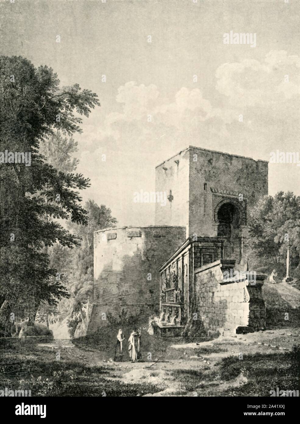 'Chief gate of the Alhambra', 19th century, (1907). The Gate of Justice (Puerta de la Justicia) built by Yusuf I in 1348, the original entrance gate to the Alhambra, Granada, Spain, which mainly dates from the 14th century. From &quot;The Alhambra: being a brief record of the Arabian conquest of the Peninsula with a particular account of the Mohammedan architecture and decoration&quot; by Albert F. Calvert. [John Lane, London &amp; New York, 1907] Stock Photo