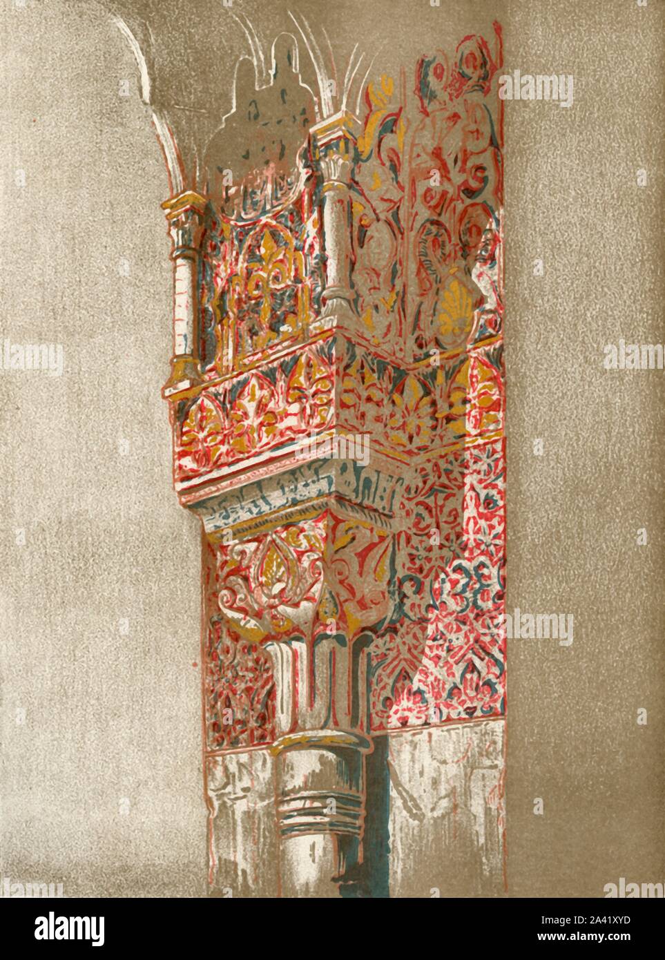 'Actual state of the Colours', 1907. Interior decoration in the palace of the Alhambra, Granada, Spain, which had been allowed to fall into a state of disrepair. It has since been extensively restored. The buildings mainly dates from the 14th century. Colour plate 44 from &quot;The Alhambra: being a brief record of the Arabian conquest of the Peninsula with a particular account of the Mohammedan architecture and decoration&quot; by Albert F. Calvert. [John Lane, London &amp; New York, 1907] Stock Photo