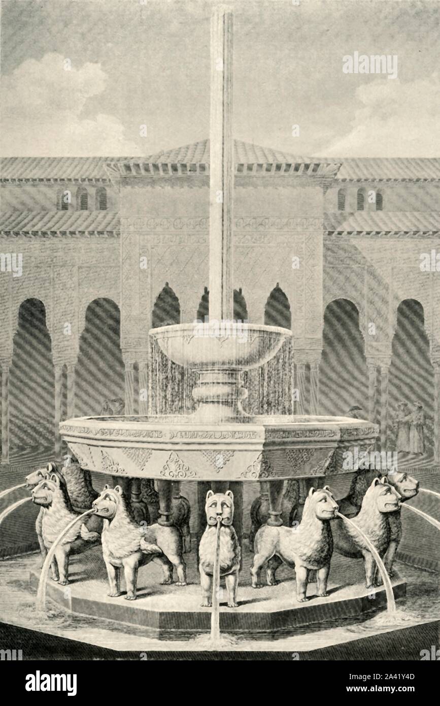 'Elevation of the Fountain of the Lions', 19th century, (1907). Water feature in the Court of the Lions, palace of the Alhambra, Granada, Spain, which mainly dates from the 14th century. The white marble fountain, formed of twelve lions that throw jets of water, dates from the 11th century. From &quot;The Alhambra: being a brief record of the Arabian conquest of the Peninsula with a particular account of the Mohammedan architecture and decoration&quot; by Albert F. Calvert. [John Lane, London &amp; New York, 1907] Stock Photo