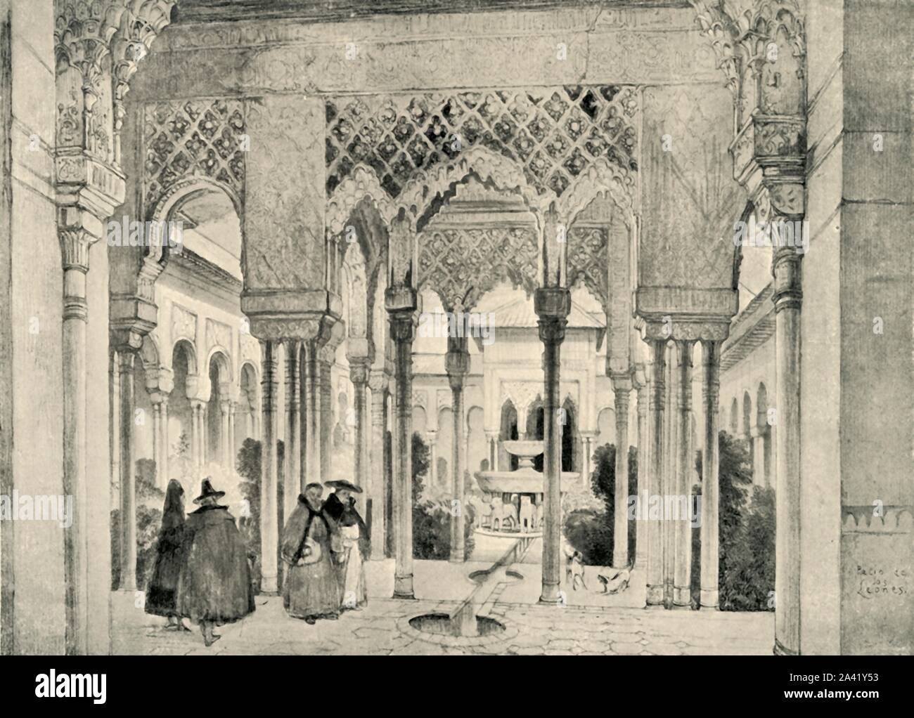 'Entrance to the Court of the Lions', c1830, (1907). Courtyard in the palace of the Alhambra, Granada, Spain, which mainly dates from the 14th century. The white marble fountain, formed of twelve lions that throw jets of water, dates from the 11th century. From &quot;The Alhambra: being a brief record of the Arabian conquest of the Peninsula with a particular account of the Mohammedan architecture and decoration&quot; by Albert F. Calvert. [John Lane, London &amp; New York, 1907] Stock Photo