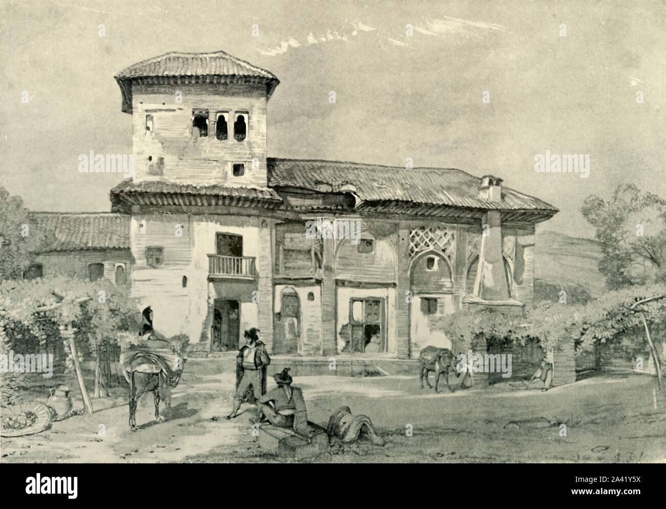 'House of Sanchez', c1830, (1907). Building in the grounds of the Alhambra, Granada, Spain, which mainly dates from the 14th century. 'La Casa Sanchez, so-called from having been the dwelling of an honest muleteer of that name, was once one of the most picturesque and most Moorish of dwellings. But, alas! in the year 1837, whole front was &quot;restored&quot; and &quot;beautified&quot;, and an ancient fish-pond...was filled up and converted into a garden by one of the resident officers of the Palace.' After John Frederick Lewis. From &quot;The Alhambra: being a brief record of the Arabian conq Stock Photo