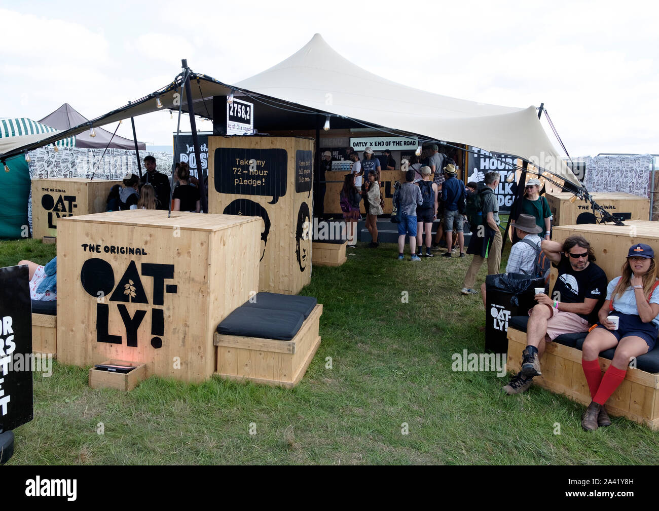 The Oatly tent promoting their oat milk with free coffees throughout End of the Road festival 2019 Stock Photo