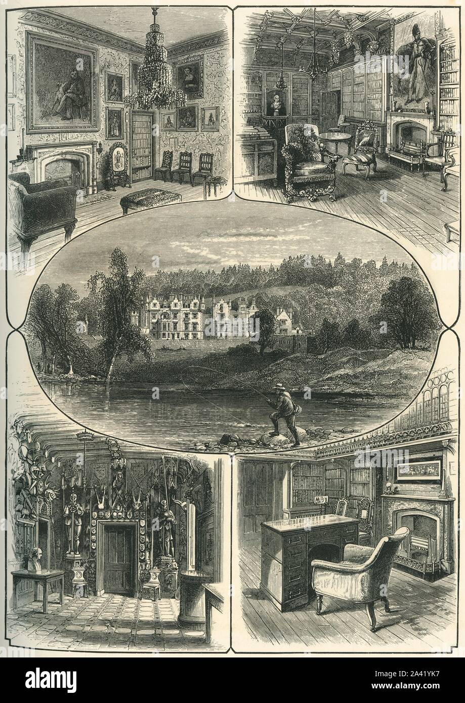 'Abbotsford', c1870. Historic country house in the Scottish Borders on the River Tweed and former residence of novelist and poet, Sir Walter Scott.The house was opened to the public in 1833 and continued to be occupied by Scott's descendants until 2004. From &quot;Picturesque Europe - The British Isles, Vol. I&quot;. [Cassell, Petter &amp; Galpin, London, c1870] Stock Photo