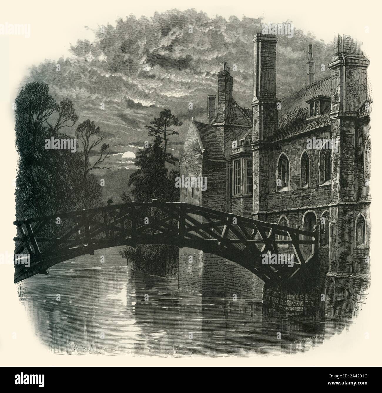 'Bridge at Queen's College', c1870. Mathematical Bridge on the River Cam at Queen's College, Cambridge designed by William Etheridge, and built by James Essex in 1749, rebuilt  in 1866 and in 1905, to the same overall design. From &quot;Picturesque Europe - The British Isles, Vol. II&quot;. [Cassell, Petter &amp; Galpin, London, c1870] Stock Photo