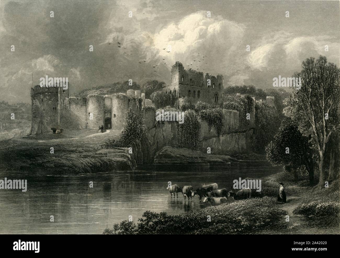 'Chepstow Castle', c1870. Post-Roman stone fortification on the River Wye, construction began in 1067 under the Norman Lord William FitzOsbern, by the 1700s it had fallen into disrepair. From &quot;Picturesque Europe - The British Isles, Vol. II&quot;. [Cassell, Petter &amp; Galpin, London, c1870] Stock Photo