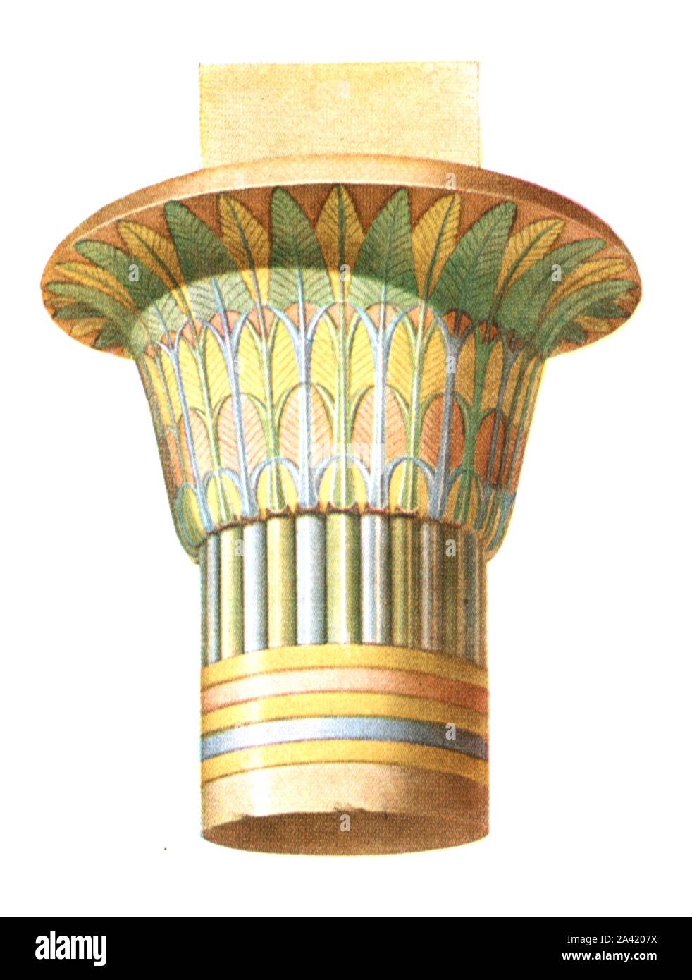 Capital from Philae, Egypt, (1928). 'Plant column from the western colonnade to Philae, period of the Emperor Augustus (31 B.C. - 14 A.D.). After Prisse D'Avennes. Plate IV, fig 12, from &quot;An Encyclopaedia of Colour Decoration from the Earliest Times to the Middle of the XIXth Century&quot; with explanatory text by Helmuth Bossert. [Ernst Wasmuth Ltd., Berlin, 1928] Stock Photo