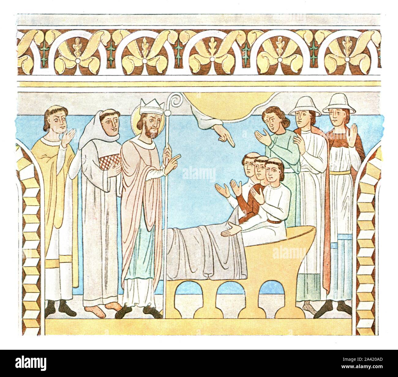 Painting in the nave of Aal Church, Denmark, (1928). '1st Quarter of 13th Century...Aal Church (Amt Ribe). St. Nicholas resuscitates three murdered youths'. After J. Magnus-Petersen. Plate LIX, fig 130, from &quot;An Encyclopaedia of Colour Decoration from the Earliest Times to the Middle of the XIXth Century&quot; with explanatory text by Helmuth Bossert. [Ernst Wasmuth Ltd., Berlin, 1928] Stock Photo