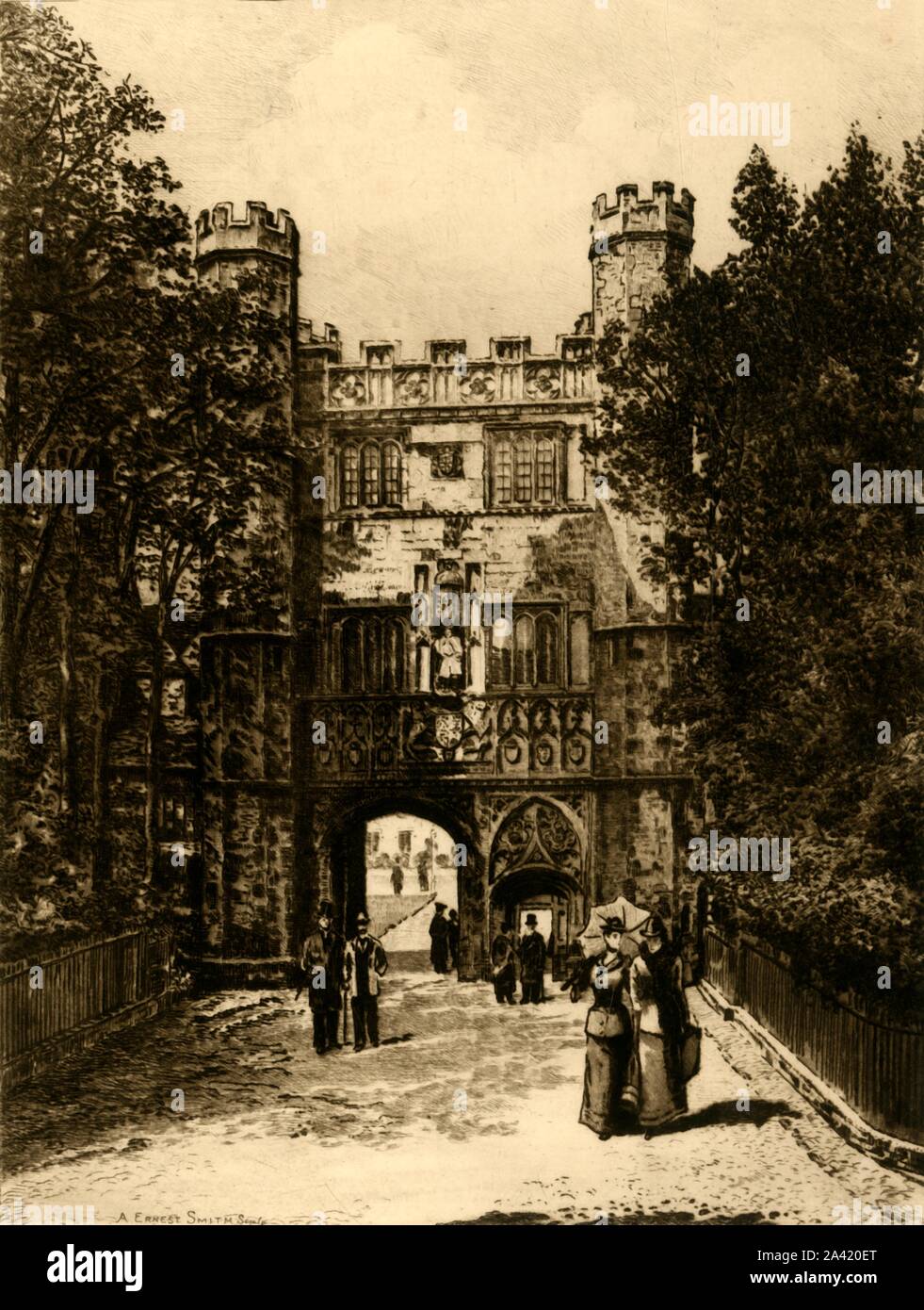 'Gateway of Trinity College, Cambridge', 1898. Trinity College was founded by Henry VIII in 1546, the Great Gate was built at the beginning of the 16th century. Henry VIII, stands in a niche above the doorway, in his right hand he holds a chair leg instead of a sword,  beneath the statue are the coats of arms of Edward III.  From &quot;Our Own Country, Volume II&quot;. [Cassell and Company, Limited, London, Paris &amp; Melbourne, 1898] Stock Photo