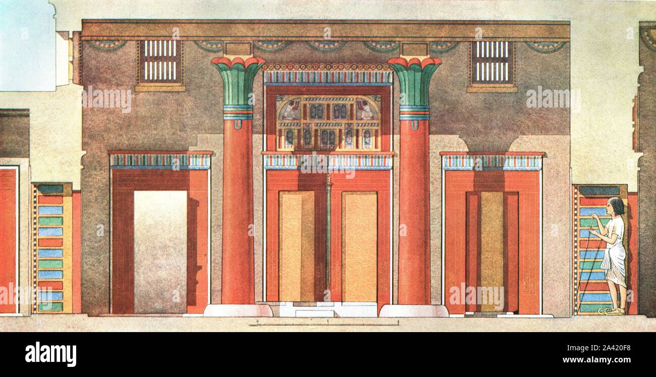 House of General Ramose at Tell el-Amarna, Egypt, (1928). 'Attempt at a coloured restoration of the &quot;Deep Hall&quot; in the house of General R&#xe2;-Mose [Ramose] at Tell el-Amarna, c1370 B.C...the house of General R&#xe2;-Mose and his wife 'Inet was excavated during the winter of 1913-1914...the house...may have been built between 1370 and 1360 B.C.' After a watercolour by Ludwig Borchardt. Plate II from &quot;An Encyclopaedia of Colour Decoration from the Earliest Times to the Middle of the XIXth Century&quot; with explanatory text by Helmuth Bossert. [Ernst Wasmuth Ltd., Berlin, 1928] Stock Photo