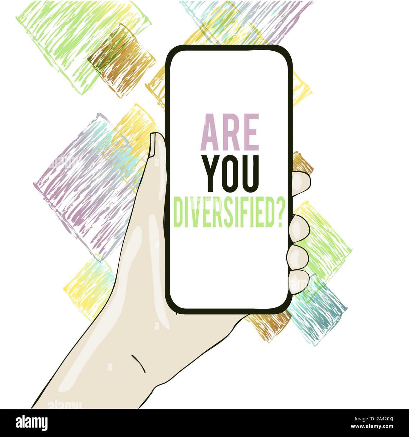 Conceptual hand writing showing Are You Diversified Question. Concept meaning someone who is Different Mixed Multi Faceted Closeup of Smartphone Devic Stock Photo
