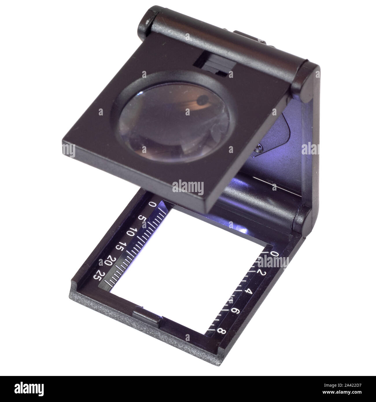 Black magnifying glass isolated, white background. Stock Photo