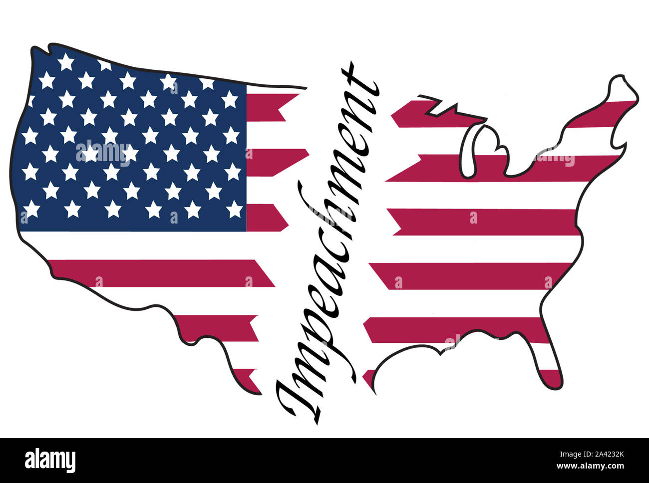 Map of the United States decorated with the Stars and Stripes of the flag divided in two pieces by the word Impeachment. Stock Photo