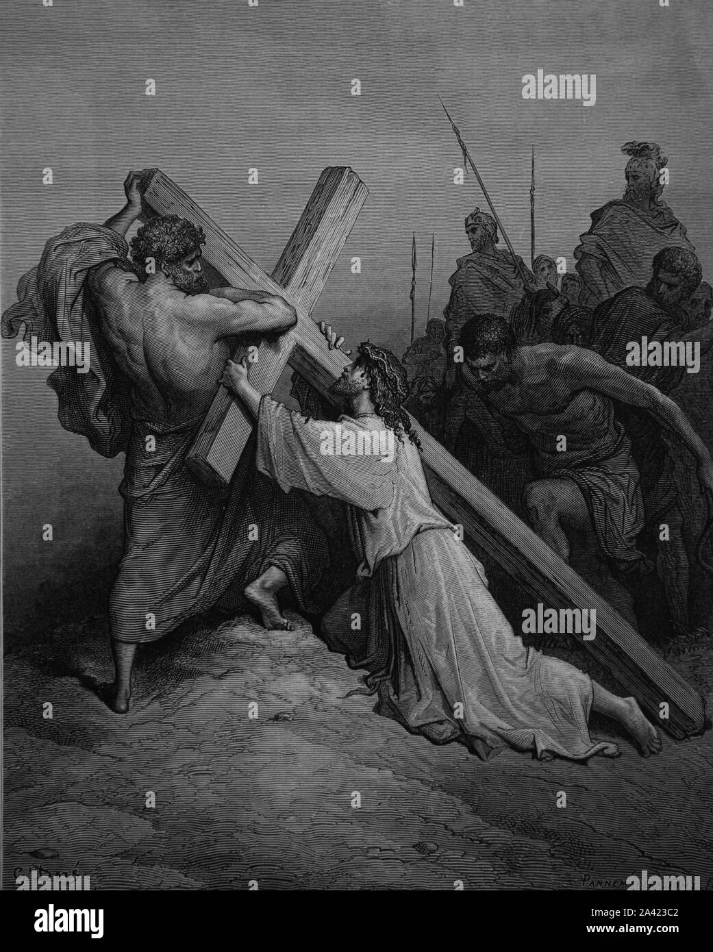 Jesus falling beneath the Cross. Engraving. Bible Illustration by Gustave Dore. Mark 15:21.19th century. Stock Photo