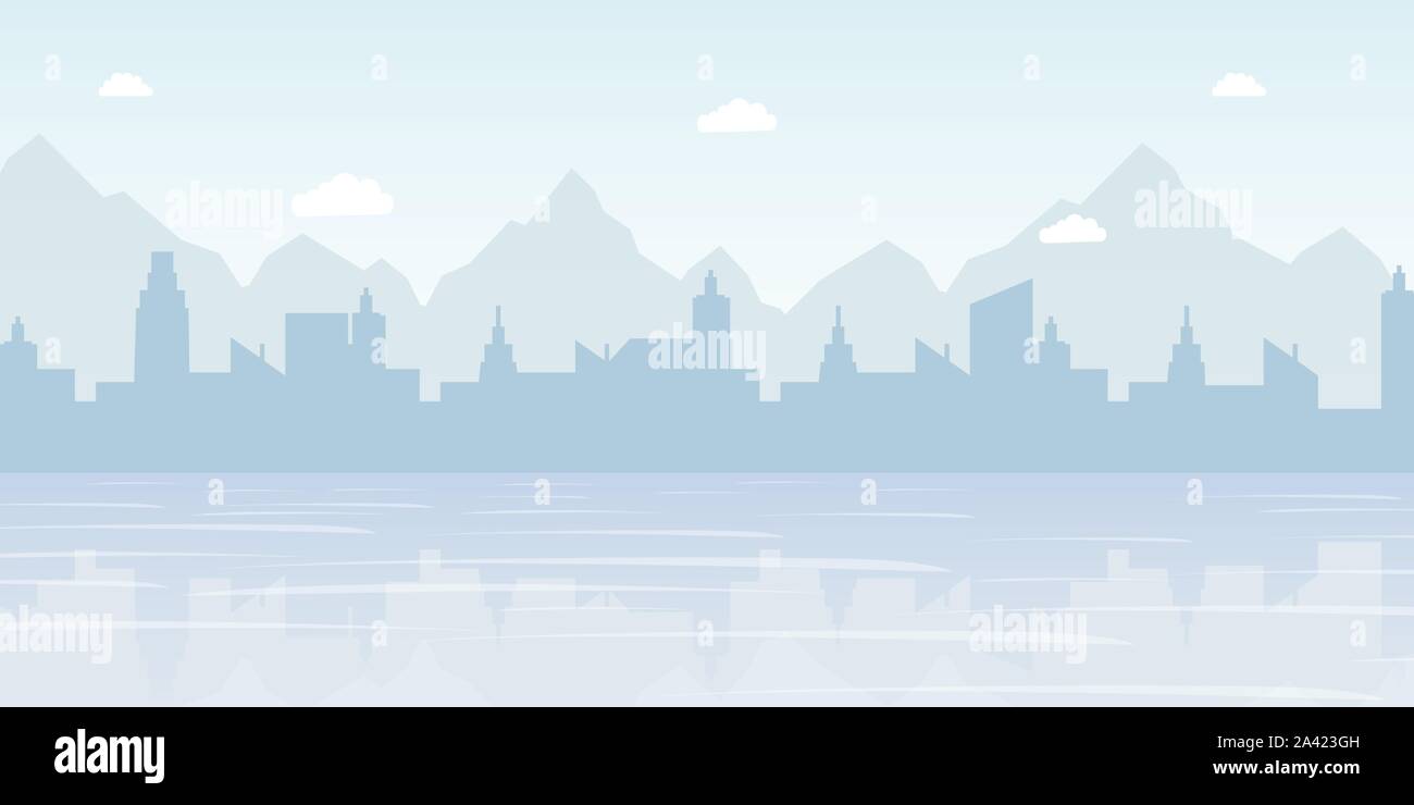 Misty cityscape panorama flat vector illustration. Urban landscape, modern metropolis skyline decorative background concept with copyspace. Scenic coastline, buildings and mountains silhouette Stock Vector