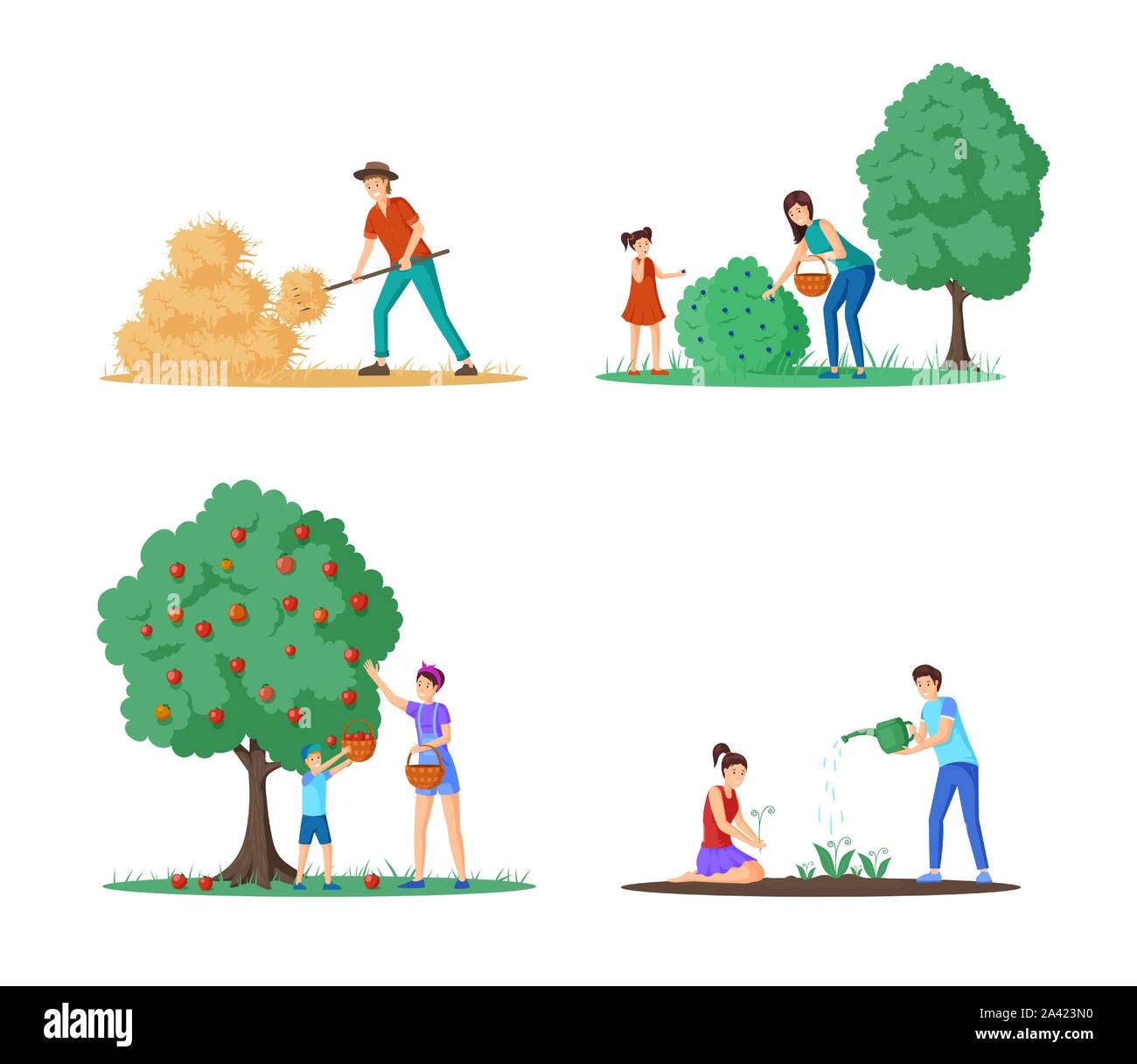 Farm harvesting season flat illustrations set. Cartoon rancher working with pitchfork near haystack, mother and child gathering apples and blueberries. Farmers growing and watering flowers Stock Vector