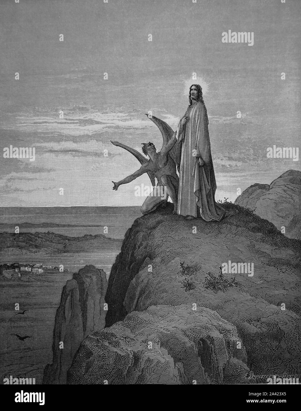 Temptation of Christ. Mountain. Engraving. Bible Illustration by Gustave Dore. 19th century. Stock Photo