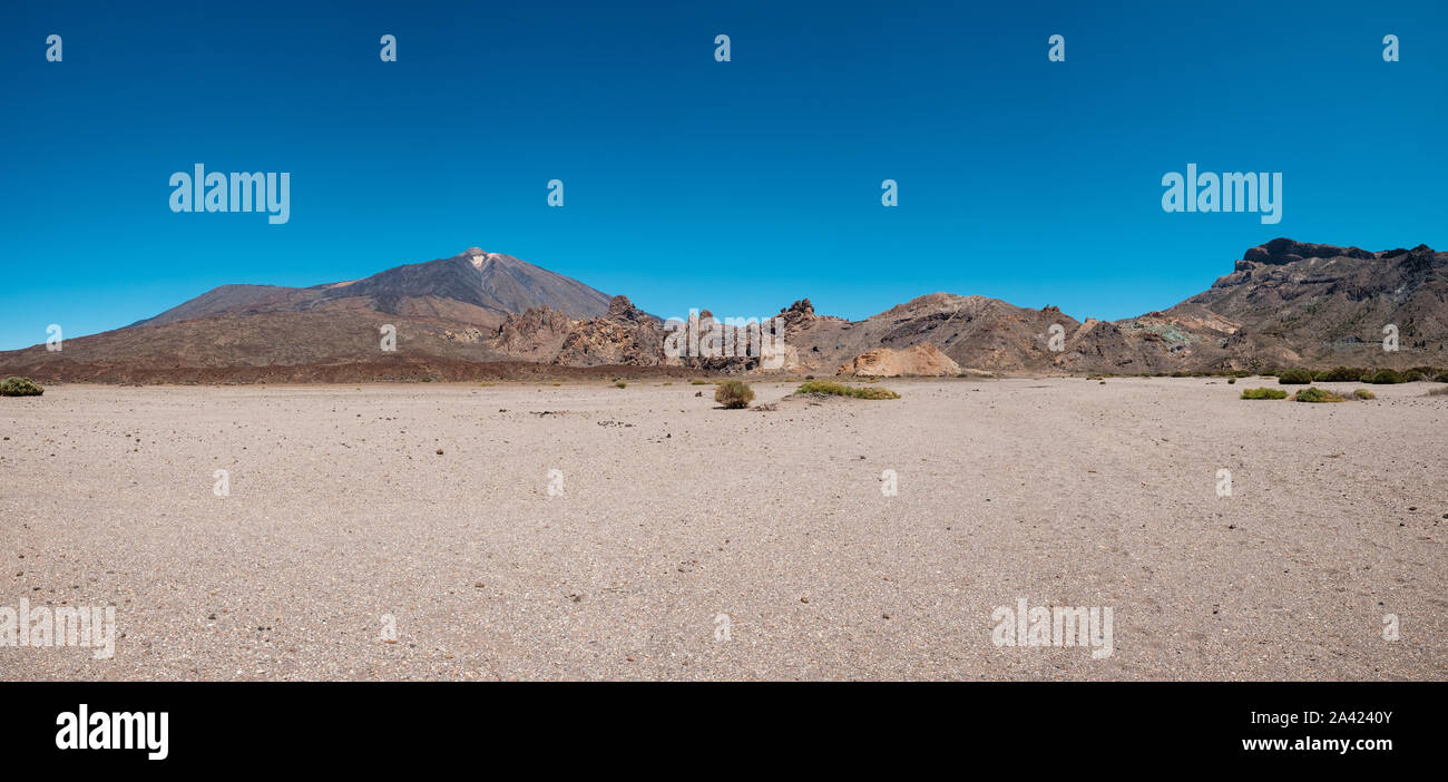 desert landscape with mountain  background , Pico del Teide volcanic summit Stock Photo