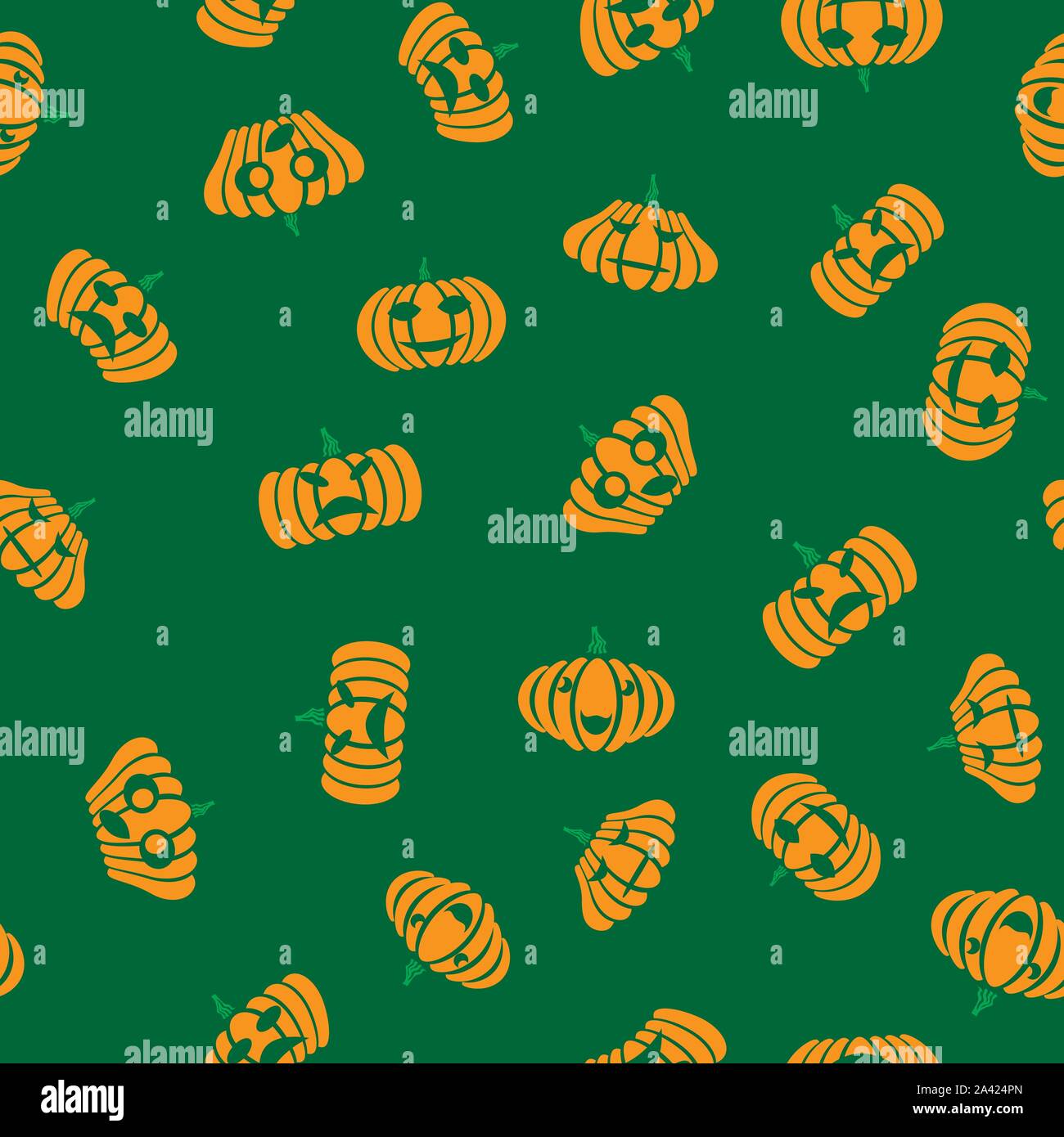 Halloween Decoration Seamless Pattern with Different Orange Natural Pumpkin Isolated on Green Background Stock Vector