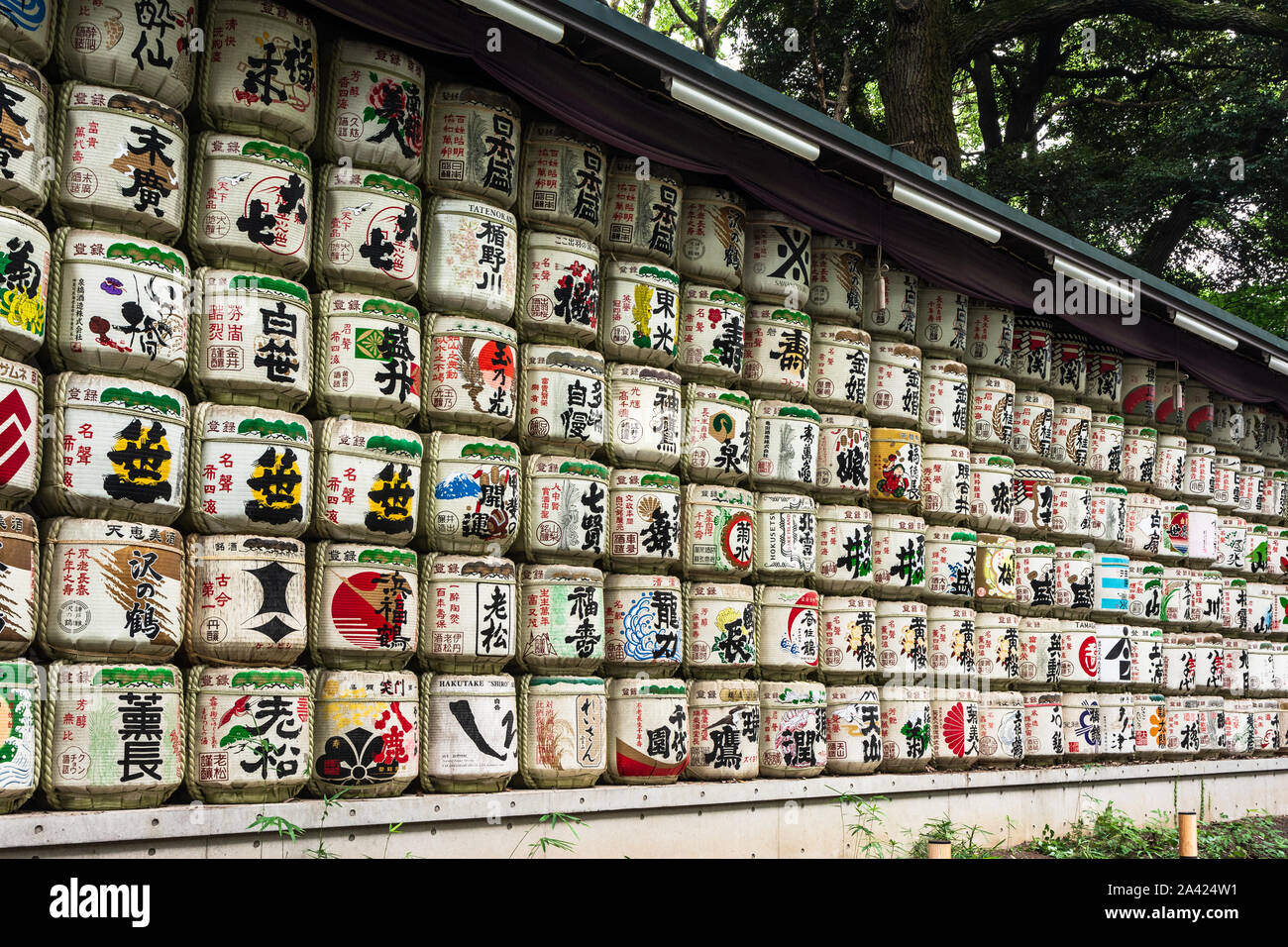 Tokyo, Japan, Asia - August 25, 2019 : Sake Barrels at Meiji Shrine in Shibuya Stock Photo