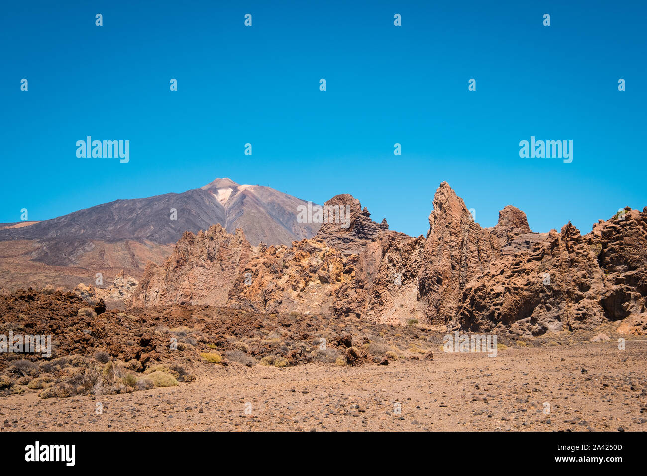desert landscape with mountain  background , Pico del Teide volcanic summit Stock Photo
