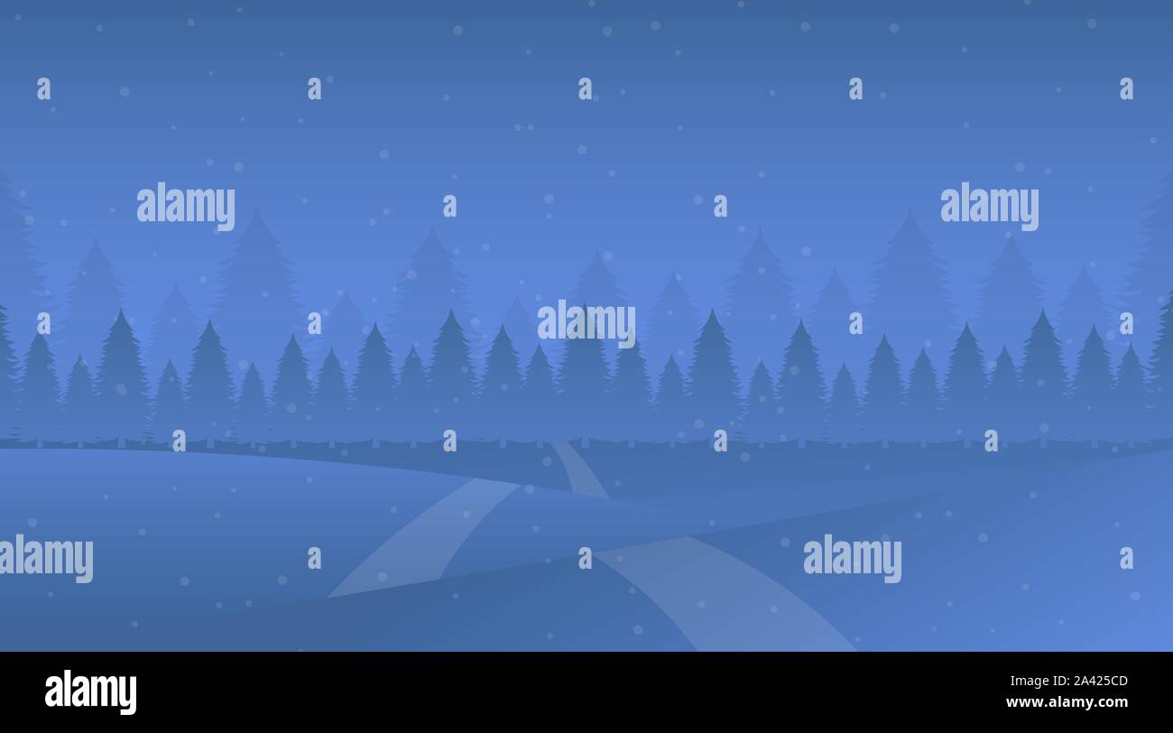 Night Winter Landscape Vector Illustration Snowy Meadow Snowdrifts Trodden Road Fir Tree Forest Cold Evening Snowfall In Spruce Woods Frost Weather Cartoon Nature Scenery Flat Background Stock Vector Image Art Alamy