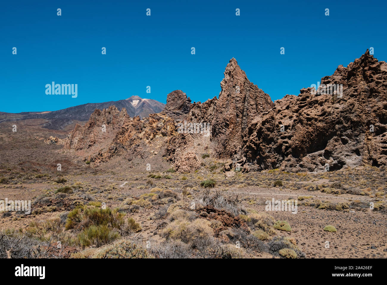 stone desert in volcanic crater with rocks and mountian landscape, Tenerife Stock Photo