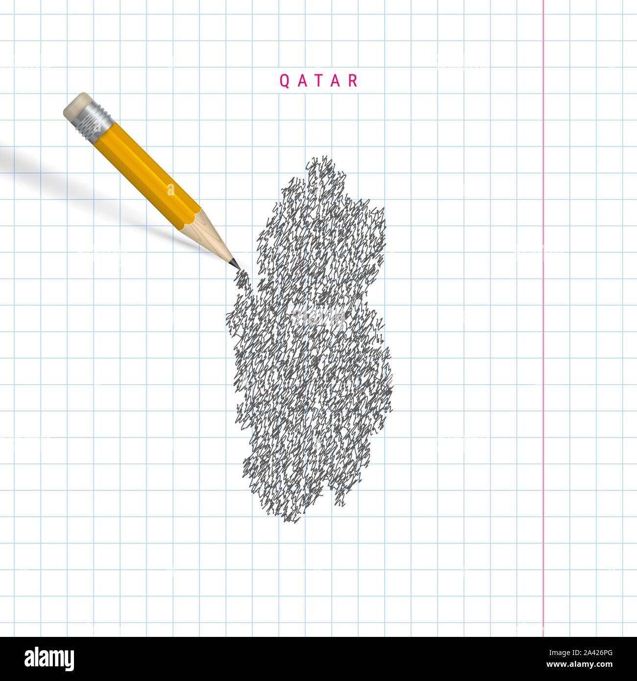 Qatar sketch scribble map drawn on checkered school notebook paper