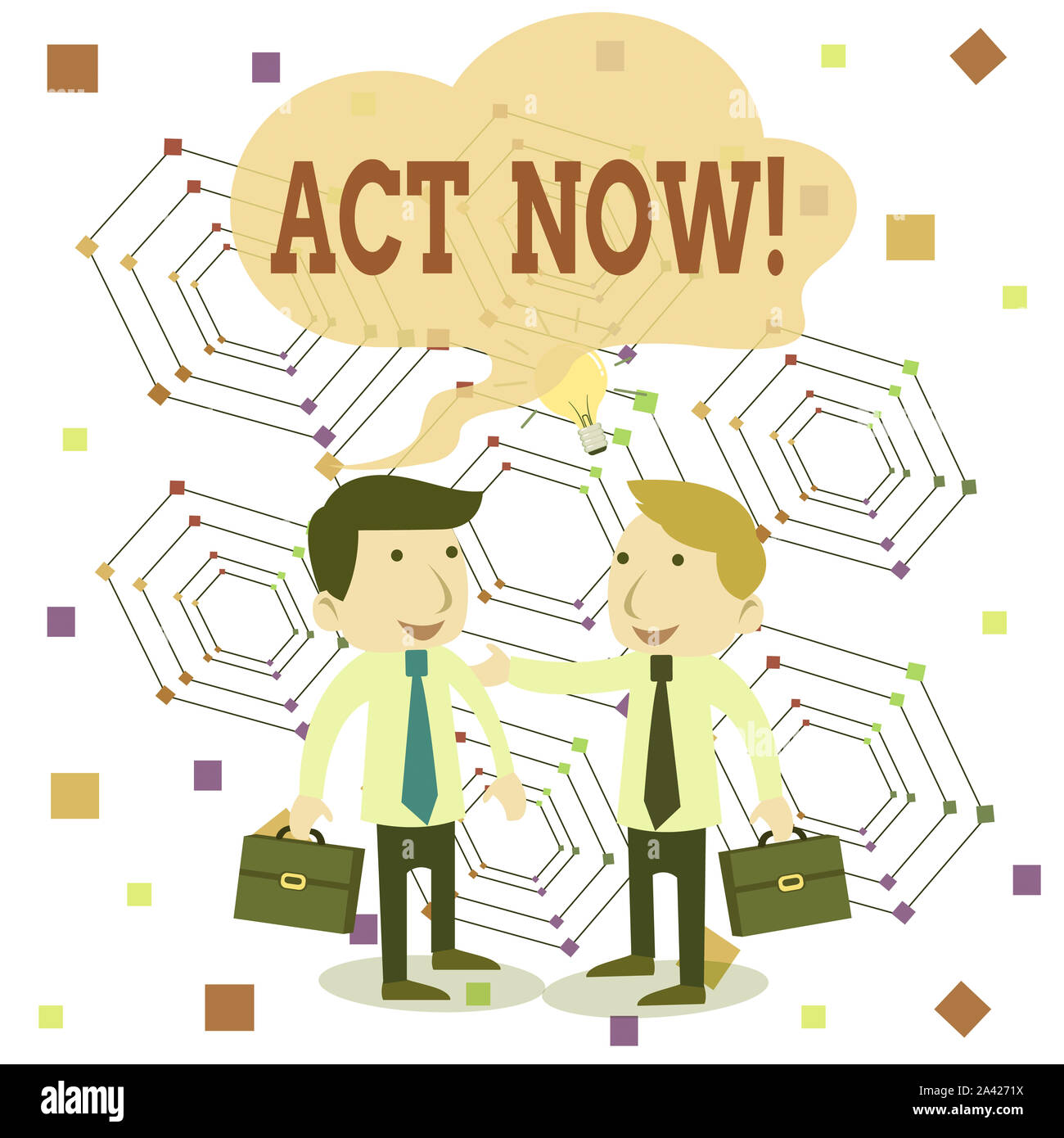 Writing note showing Act Now. Business concept for fulfil the function or serve the purpose of Take action Do something Two White Businessmen Colleagu Stock Photo