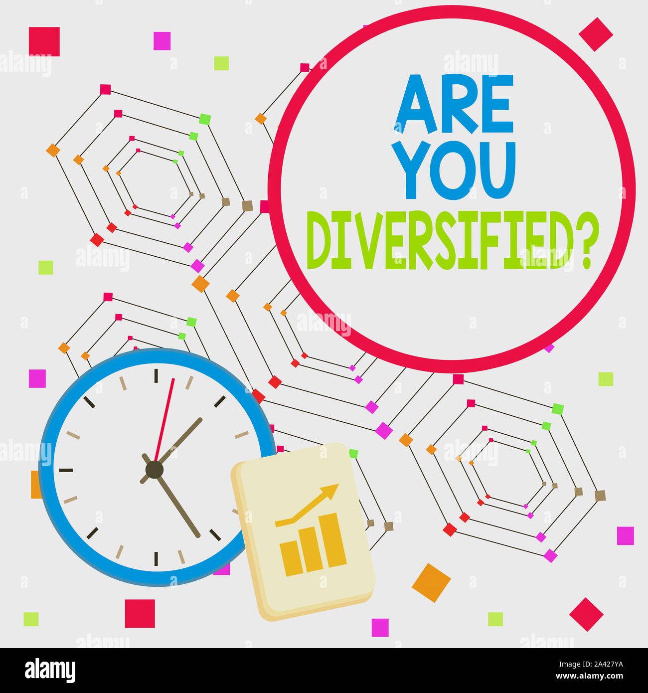 Handwriting text Are You Diversified Question. Conceptual photo someone who is Different Mixed Multi Faceted Layout Wall Clock Notepad with Escalating Stock Photo