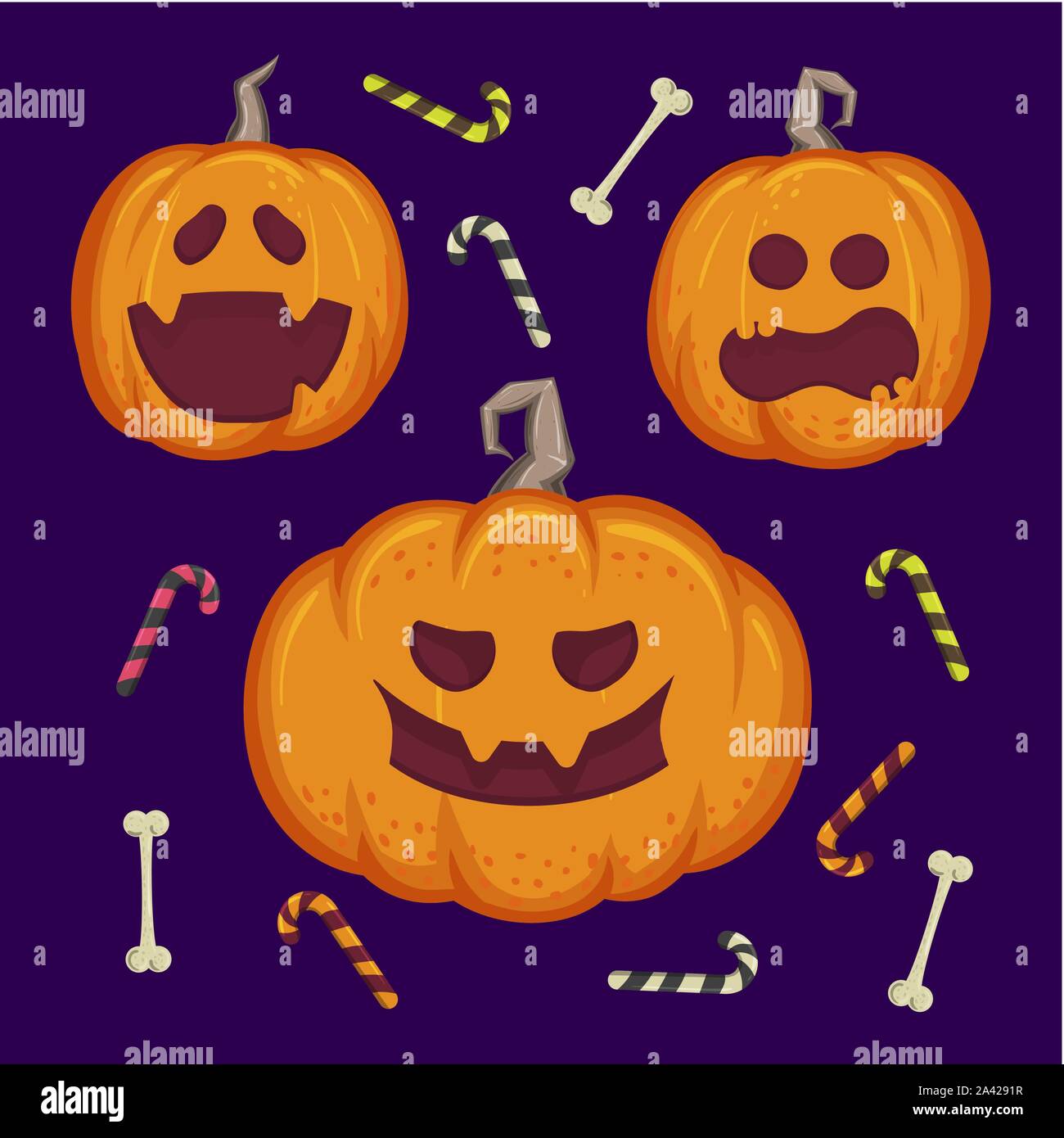 Halloween Set. Cartoon Holiday Pumpkins. Stock Vector