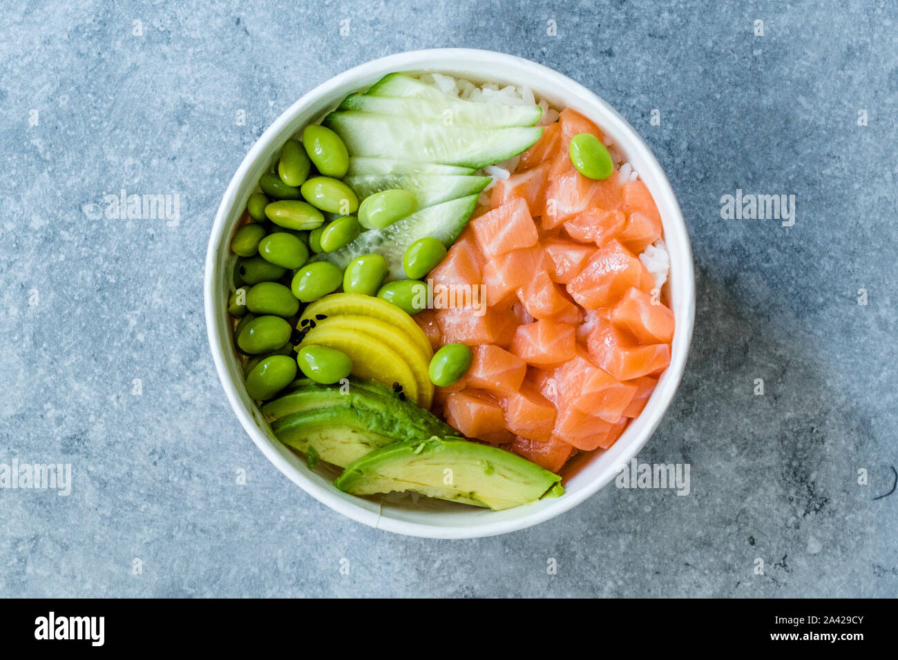 Hawaiian Poke Bowl with Salmon, Edamame, Takuan, Avocado, Cucumber