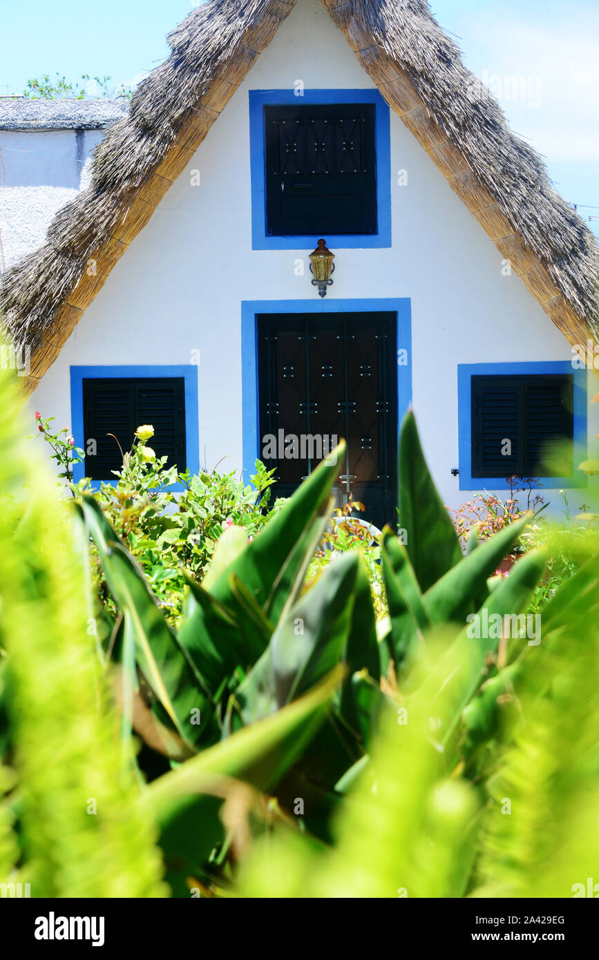 Typical Madeira house -Santana traditional madeira houses with thatched roofs. Old fashioned rural huts Stock Photo