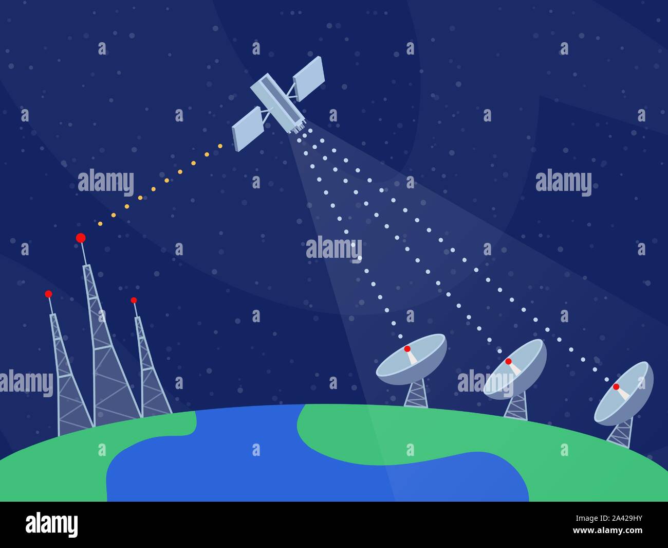 Modern communication technology flat vector illustration. Global information network, worldwide navigation system cartoon concept. Broadcasting equipment, satellite, radar dishes and radio towers Stock Vector