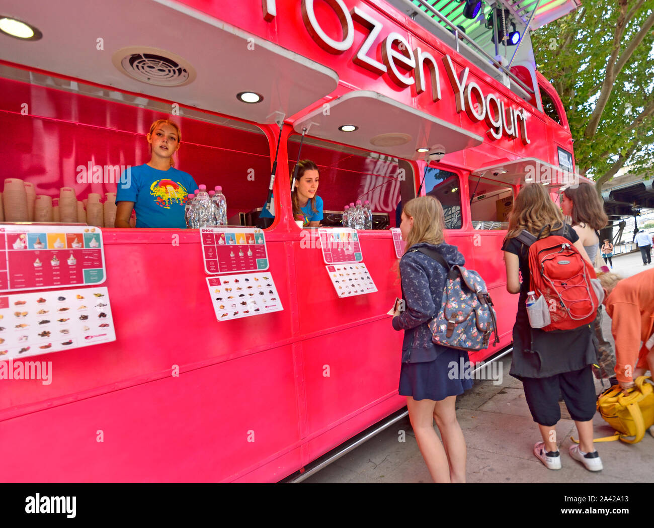 London, England, UK. SNOG frozen yogurt outlet in a doubledecker bus