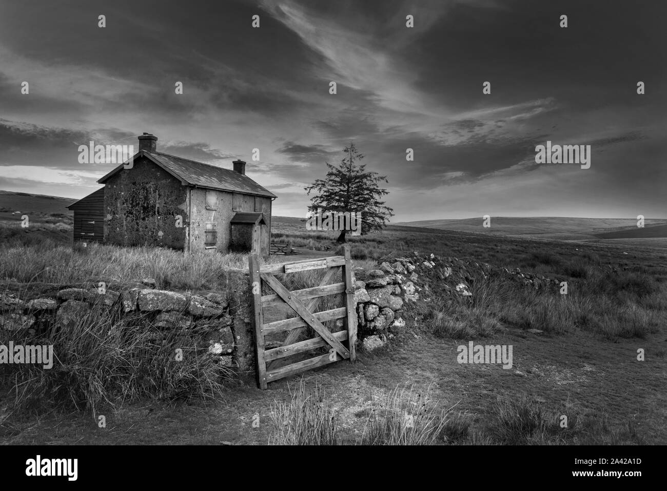 Dartmoor is a great location for black and white photography . This  Nuns Cross farm on Dartmoor . A lonely and isolated location where ones imaginati Stock Photo